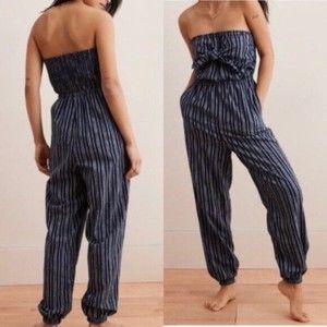 Aerie XL Jumpsuit Strapless Tie Front Jogger Navy White Stripe Cotton Chambray